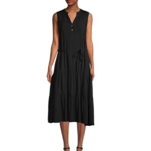 Saks Fifth Ave Sleeveless Black Tiered Midi Dress with Button Detail size Large